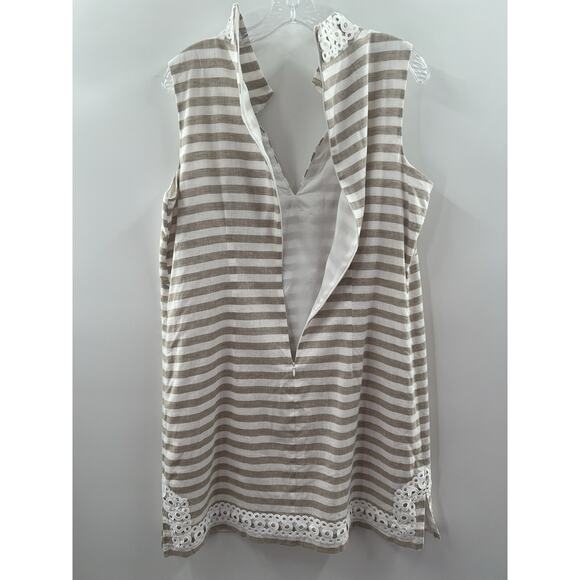 Eliza J Sleeveless Shift Dress Linen Blend Beige White Stripe Lined 14 Cruise - Picture 9 of 9